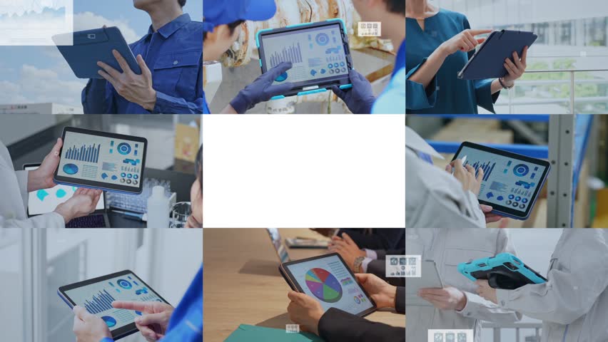 Collage of various people using tablet PCs and measurement data concept