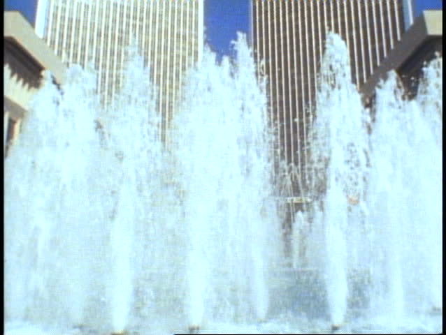 Century City, twin towers, fountain in foreground, tilt up