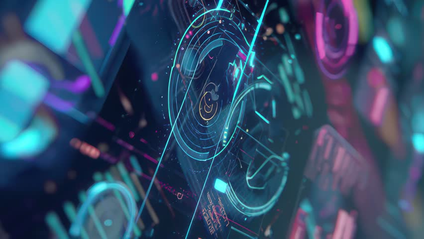 HUD animation showing multi-panel data waves, scattered neon symbols, and high-tech UI layouts. Tech motion pack animation with interface loops, data disruptions, and signal layer effects.