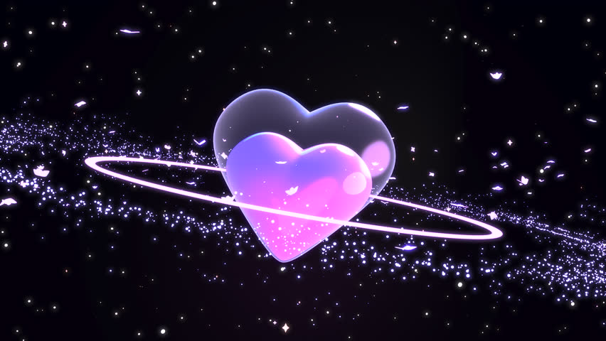 Looped glowing butterflies flying around heart planet in the galaxy animation.