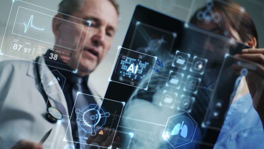 Doctors utilize artificial intelligence with augmented and virtual reality interfaces to diagnose diseases, review X-rays, and suggest treatments with advanced visualization tools.