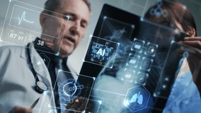 Doctors utilize artificial intelligence with augmented and virtual reality interfaces to diagnose diseases, review X-rays, and suggest treatments with advanced visualization tools. - Powered by Shutterstock - Get 15% off with code: PIKWIZARD15