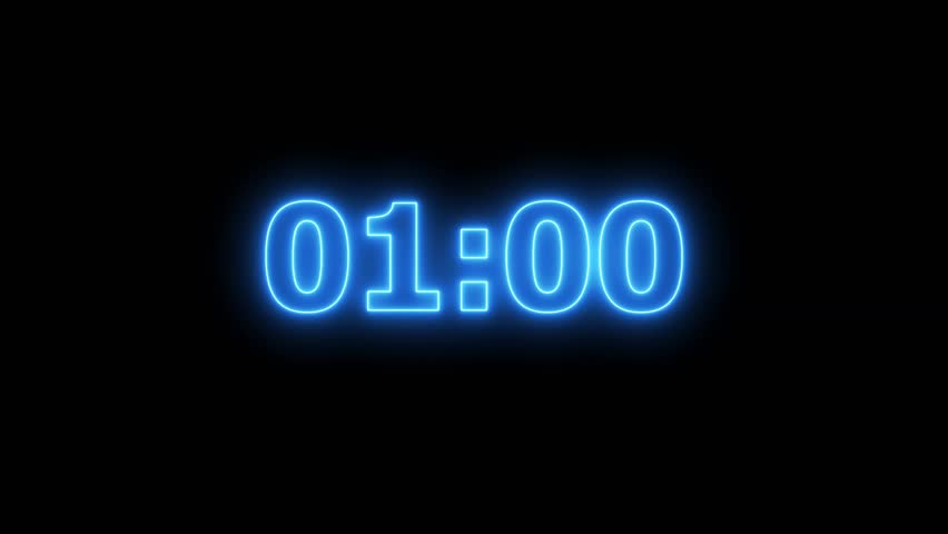 Neon Blue Glowing Countdown Timer Animation Displaying Digital Minutes and Seconds with Smooth Pulsing Glow, Dynamic Flicker Effects, and Crisp Bold Typography on Dark Background