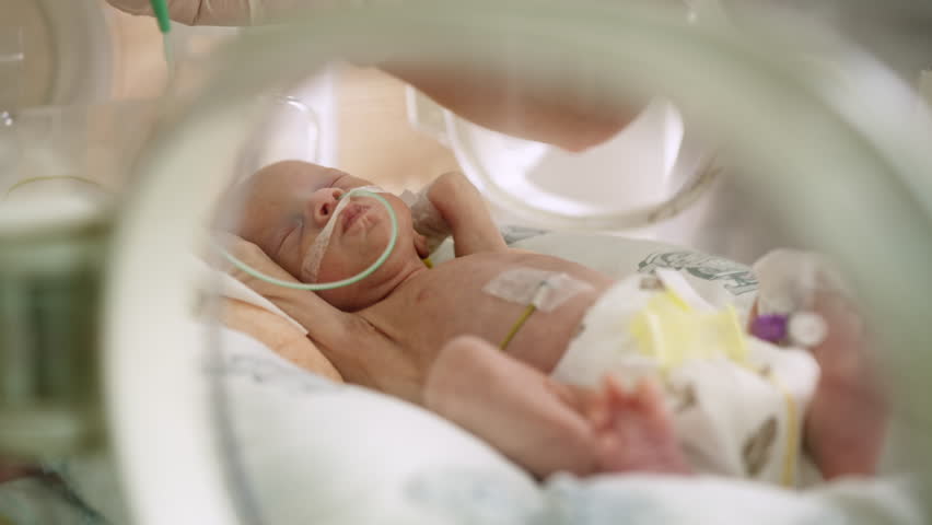 A premature baby is fed milk in an incubator, receiving care in a neonatal intensive care unit (NICU). A nurse carefully administers nourishment using a syringe, ensuring the infant's well-being.