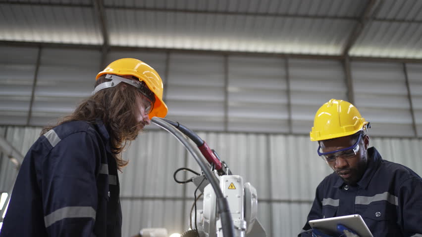 Blue collar workers at machine shop with welding robot arm. Factory and machinery.