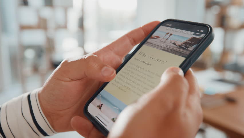 Mobile, hands or person on holiday booking website in office planning vacation options on app screen. Travel choice, phone closeup or scroll to search display online for day off, leave or hotel info
