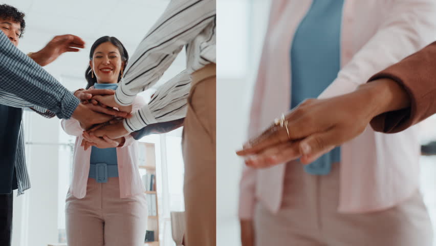 People, series and hands stack in office for success, teamwork and article achievement. Staff, huddle and employees with support for synergy, collaboration and group celebration for story publication - Powered by Shutterstock - Get 15% off with code: PIKWIZARD15