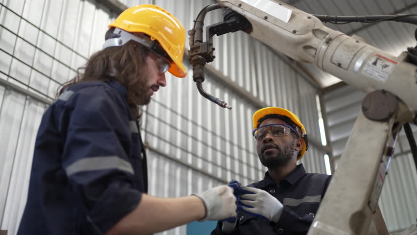 Blue collar workers at machine shop with welding robot arm. Factory and machinery.
