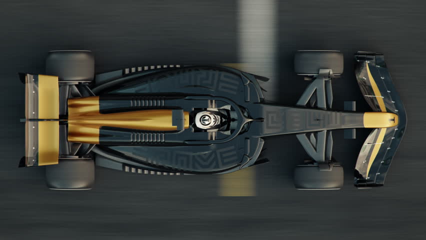 Top view of a generic formula one race car driving across the finish line. 3d animation rendering. New 2025 black and gold race car design