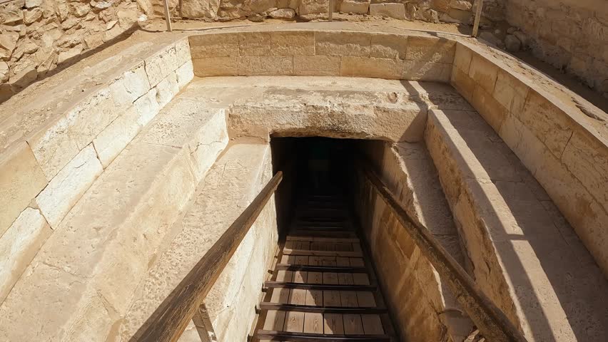 POV approach of small angled passage into underground Egyptian tomb