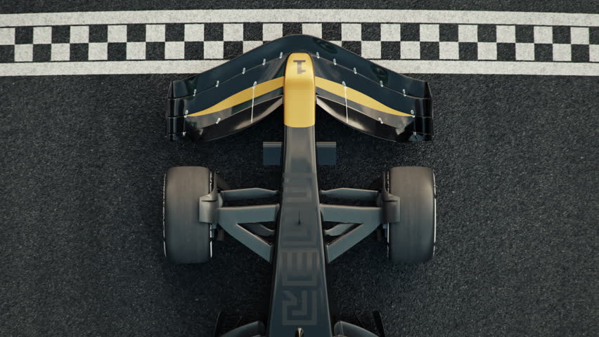 Top view of a generic formula one race car driving across the finish line in slow motion. 3d animation rendering. New 2025 black and gold race car design