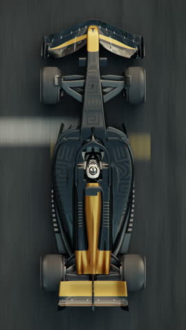 Top view of a generic formula one race car driving across the finish line. 3d animation rendering. New 2025 black and gold race car design