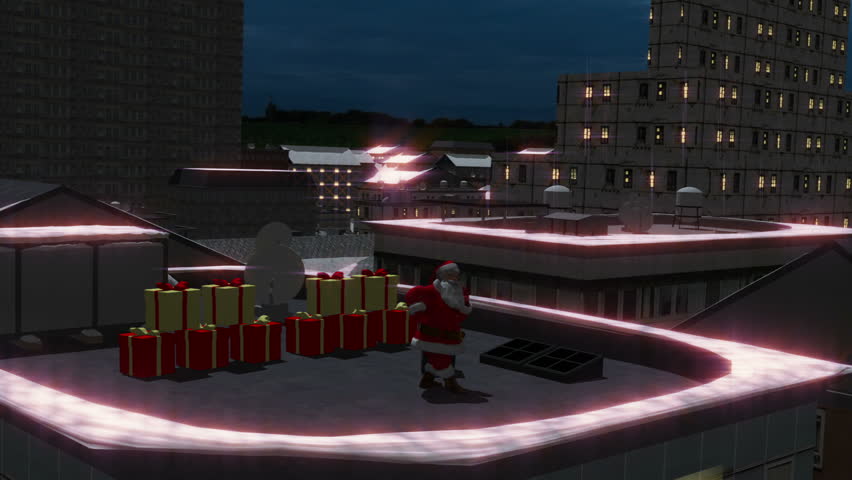 Santa dancing on city rooftop