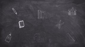 Black board back to school animation with chalk glue, pencil, notepad, books, scissors, ruler and bag - Powered by Shutterstock - Get 15% off with code: PIKWIZARD15
