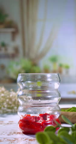 Hand gently adds clear ice cubes to a glass with strawberry puree, captured in a soft-lit kitchen. Perfect intro scene for matcha lattes, coffee reels, or chilled drink ads on social media.