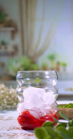 Hand dropping ice cubes into a curvy glass with strawberry mash at the bottom, preparing a vibrant iced base for a matcha latte or coffee strawberry drink in a bright, natural setting.