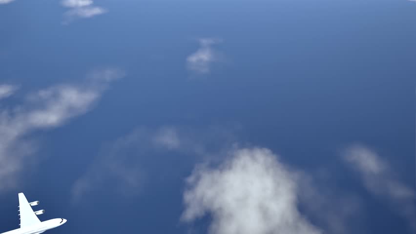 A passenger plane flying high in the sky makes a flight across the ocean against the background of a clear sky with white clouds. 3D animation in 4K video.