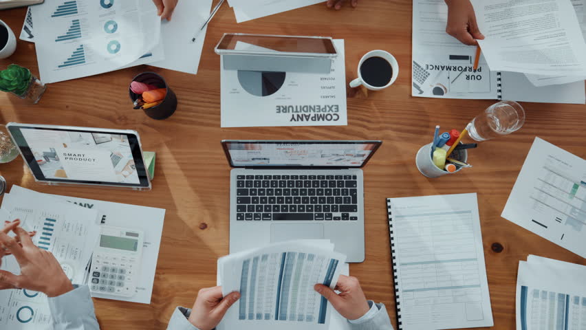 Hands, people and giving documents in office for accounting, finance report and company funds. Staff, team and above with paperwork for timelapse, financial statement and tax compliance information