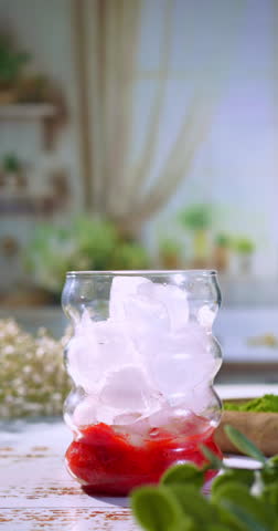 A creamy milk, oat or almond milk stream is poured into a glass with ice and mashed strawberries, creating a delicious base for a refreshing drink. Ideal for matcha latte or fruit coffee content.