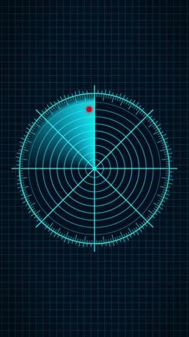 Vertical video animation of a radar screen in blue with scanning beam on dark background. Virtual dashboard interface in a seamless loop.