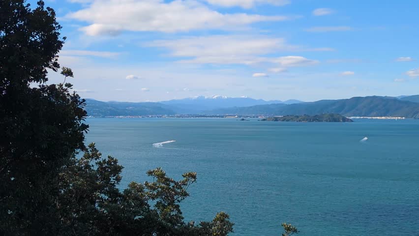 Scenic view of Wellington harbour, Matiu Somes Island, and snowcapped mountain ranges in Wellington, New Zealand Aotearoa
