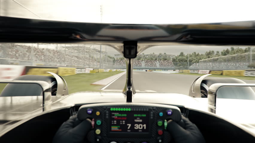 POV shot of a race car doing a full lap on the track overtaking an opponent and crossing the finish line. Looping video. Car point of view. 3d animation rendering. New 2025 black and gold car design