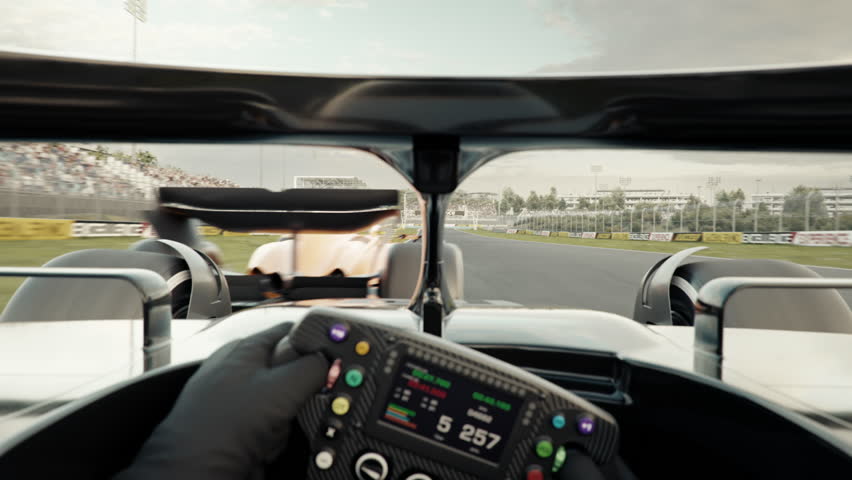 POV shot of a race car doing a full lap on the track overtaking an opponent and crossing the finish line. Looping video. Car point of view. 3d animation rendering. New 2025 black and gold car design