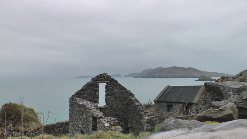 Ruins with the Blasket Islands in the background, Dingle Peninsula , Slae Head drive, County Kerry, Ireland - Timelapse