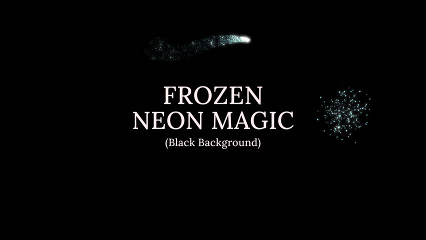 Frozen Neon Sparkle line motion graphic effects, icy magic trail, glowing particle burst, fantasy shimmer swirl on a black background