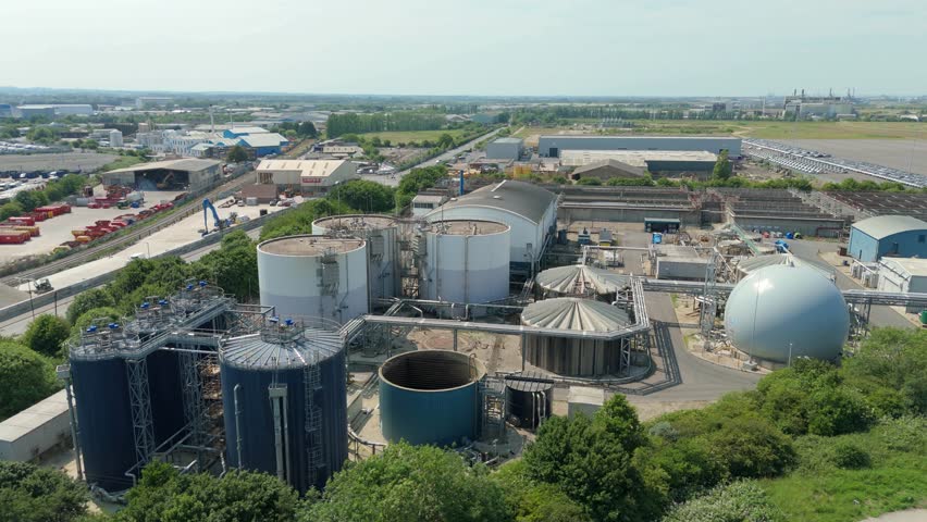 Aerial Drone Shot of Grimsby Wastewater Treatment Plant Showing Grey Water Filtration Ponds and Industrial Piping