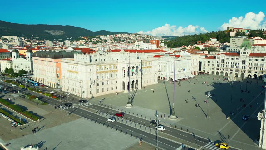Stunning drone view of Piazza Unità d’Italia and the Palazzo del Municipio, Trieste’s majestic sea-facing city hall and one of Italy’s most iconic squares.
