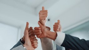 Business people, hands and meeting with thumbs up for good job, well done or team below in office. Group, employees or colleagues with like emoji, yes sign or ok for success together in workplace - Powered by Shutterstock - Get 15% off with code: PIKWIZARD15