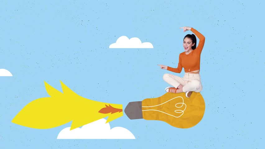 Motion collage video of happy businesswoman fly rocket coin launch light bulb
