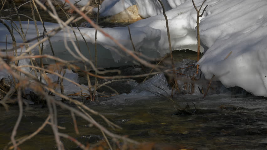 Rapids On Frozen River Shores. Slow Motion, Zoom In