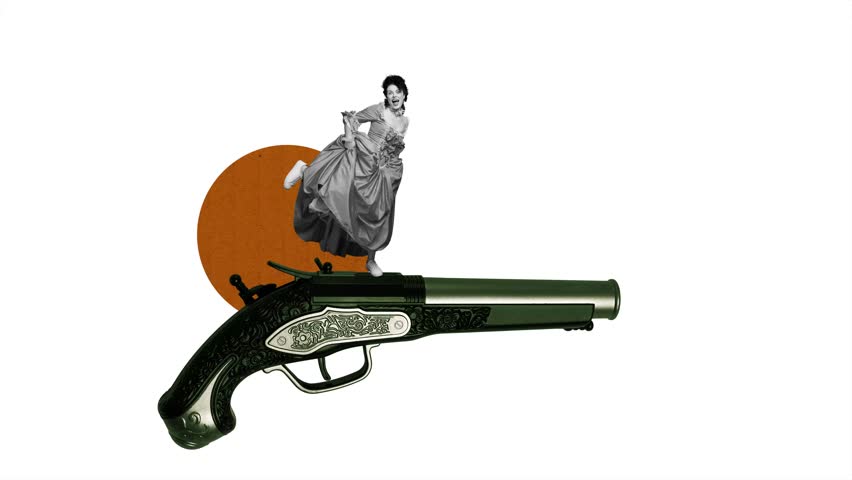 Motion creative poster collage video of happy countess girl pistol duel baroque
