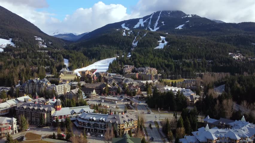 Blackcomb Mountain ski runs in Whistler, BC, aerial push in