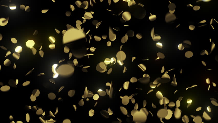 Confetti Explosion Gold Color on Black Background, Alpha Channel 3d Animation. Bright Golden Confetti Particles Falling Isolated Illustration. Metallic Circles Flowing Celebration Design Element 4k.