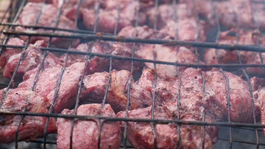 Pork Butt sliced on BBQ. Shish kebab. Pieces of pork on the grid, grilled meat with smoke. Food preparation process. Marinated spiced fillet meat cooked on charcoal barbeque grill. Outdoors cooking.