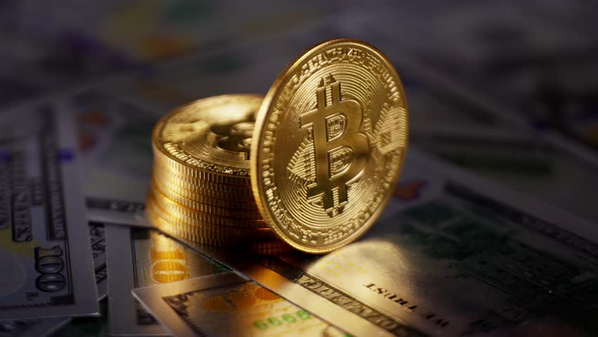 Gold Bitcoin coins surrounded by cash bills and smoke creating an intense mood
