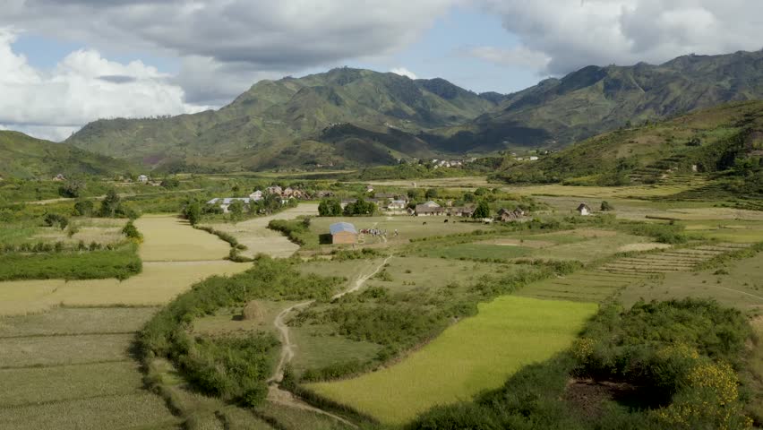 Aerial view of a winding river snaking through a vibrant landscape of green hills and agricultural fields, creating a picturesque scene, Ambodilendemy, Amoron'i Mania, Madagascar.
