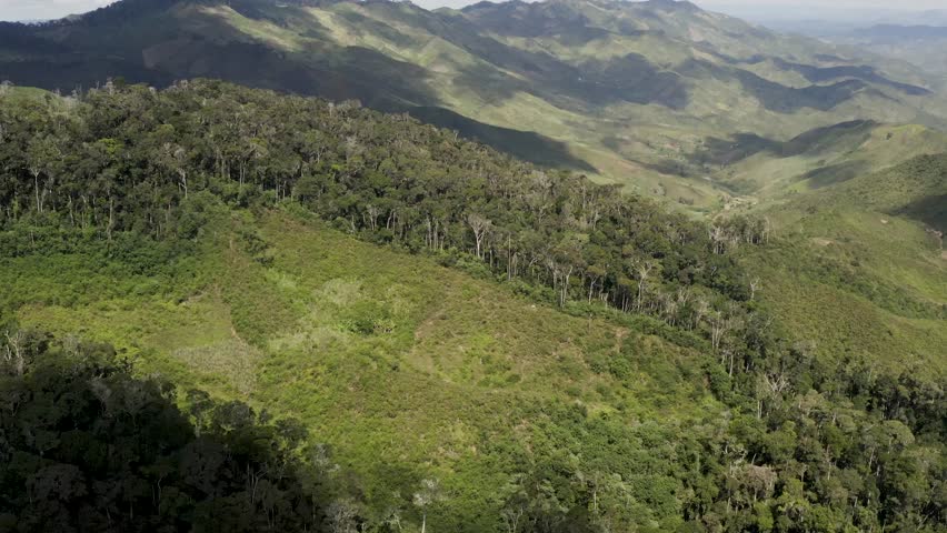 Aerial view of lush green forests and mountains, a tapestry of contrasting textures and tones, revealing the natural beauty, Ambodilendemy, Amoron'i Mania, Madagascar.