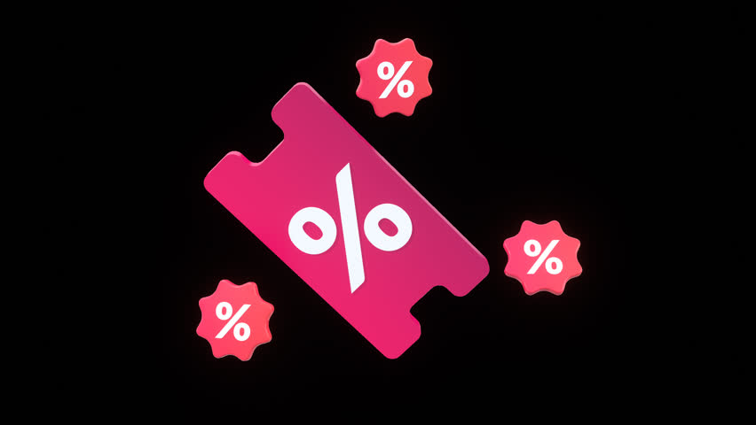 Looping animation of a discount coupon with percentage icons, perfect for e-commerce, promotional videos, and marketing campaigns. Includes alpha channel with transparent background for easy use.