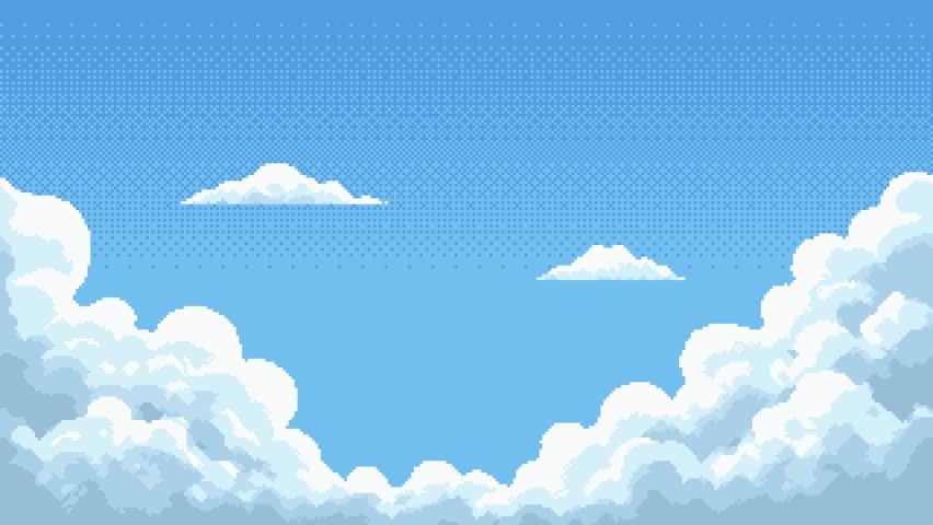 Pixel art game level background animation showing a bright blue sky with white moving clouds above an ocean.
