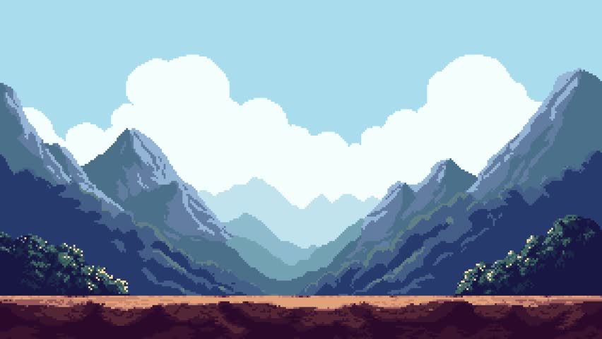 Pixel art mountain valley scenery with moving clouds and parallax scroll for game level background animation footage.