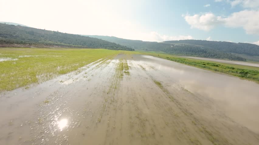 Aerial view of a large expanse of flooded land, with fields submerged under murky water, Biq`at Bet Netofa, Israel.
