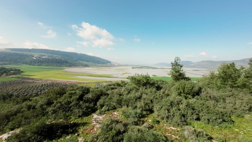 Aerial view of the vast Biq`at Bet Netofa valley with a mix of green fields and water, under a bright blue sky, Biq`at Bet Netofa, Israel.