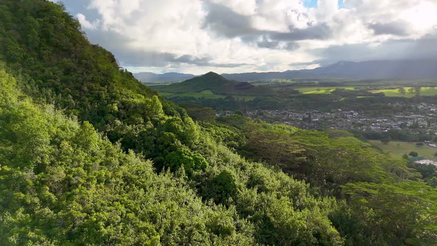 Aerial view of the vibrant green mountains contrasting against the distant town of Wailua, captured in a serene landscape, Wailua, Hawaii, United States.