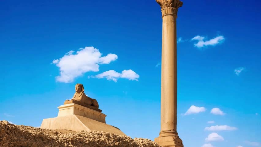 ALEXANDRIA, EGYPT - JUNE 13. 2019:  Panoramic view of helenistic and roman temple Serapeum with Pompey