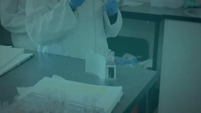 Lab researcher picking up test tube and activating data overlay while analyzing sample with pipette. Scientist, collaboration, innovation, technology, analytical, precision, scientific - Powered by Shutterstock - Get 15% off with code: PIKWIZARD15