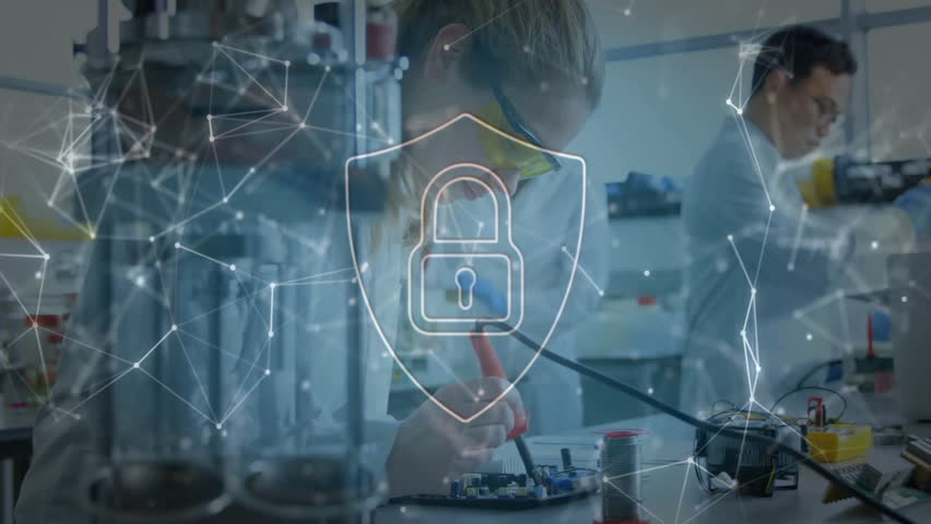 Engineer in lab soldering circuit board starting padlock nodes animating securing device assembly. Technology, innovation, collaboration, cybersecurity, precision, modern, research - Powered by Shutterstock - Get 15% off with code: PIKWIZARD15